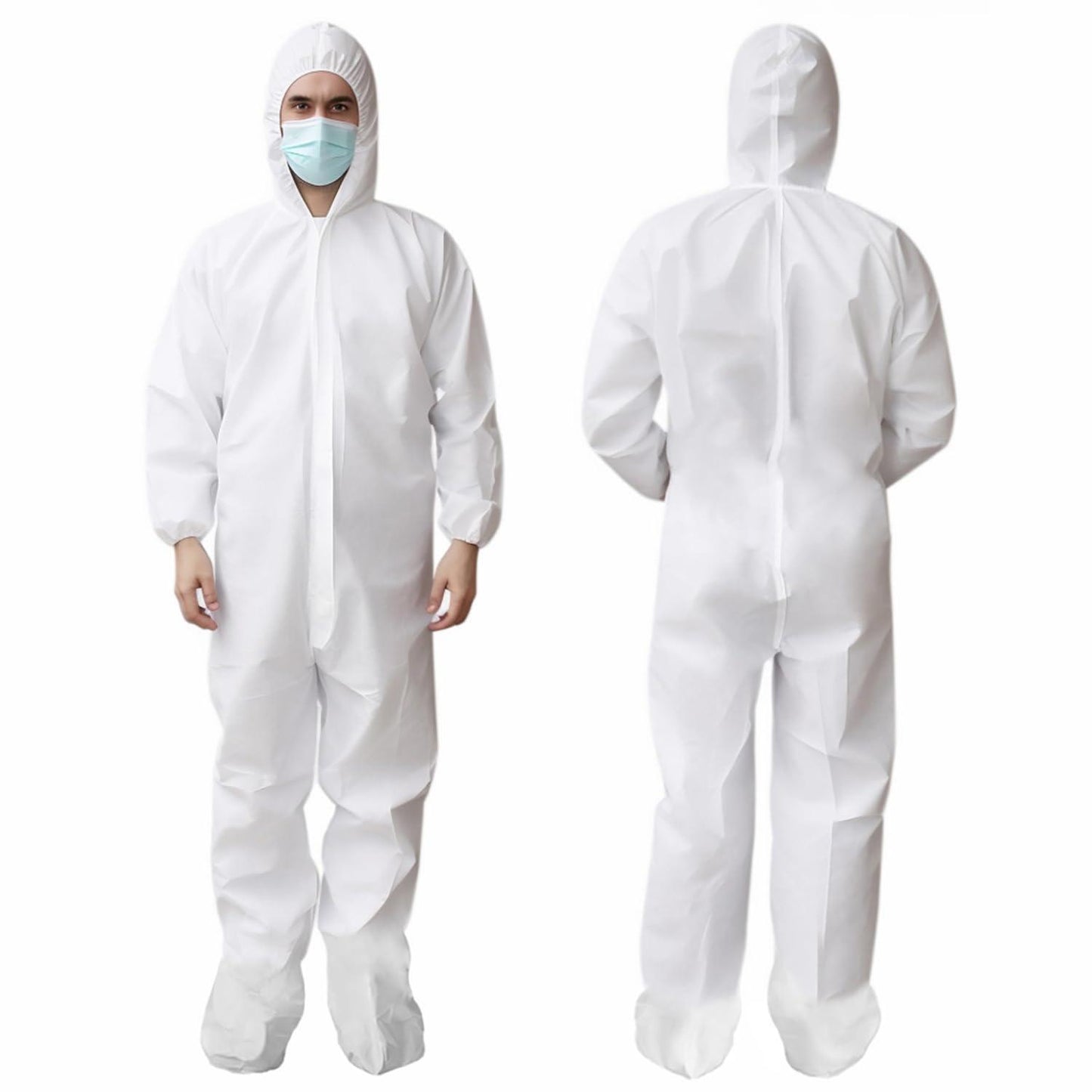 AMZ Medical Supply Disposable Coveralls for Men Women Large Pack of 5 White Hazmat Suits Disposable with Hood Boots Elastic Cuffs Waterproof and Dense 60gsm SMS Disposable Hazmat Suit Costume
