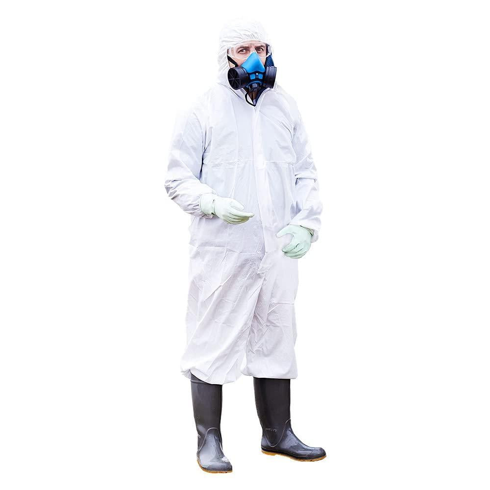 EZGOODZ Disposable Coveralls Large White Microporous Polypropylene Hazmat Suits Disposable Waterproof 60 GSM Protective Suits with Elastic Hood Wrists Ankles Waist Front Zipper