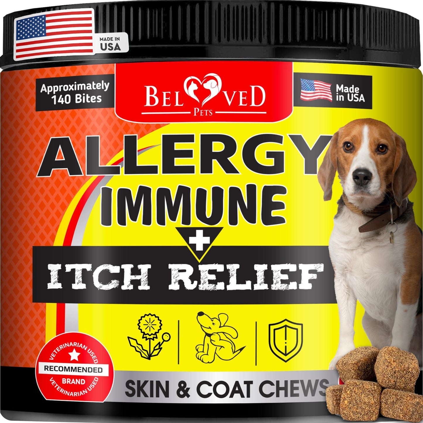 Dog Anti Itch & Allergy Relief Chews Dry Itchy Skin & Hot Spot Treatment with Probiotic Omega 3 Oil Immune Supplement & Seasonal Allergies Medicine for Dogs Puppy 140 Bites Made in USA