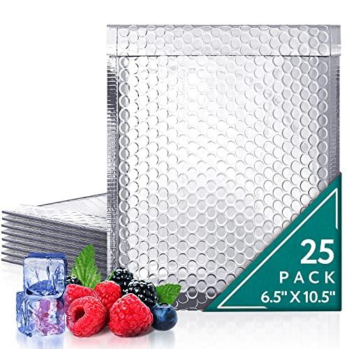 Thermal Bubble Mailer 6.5 x 10.5 Pack of 25 Foil Mailing Envelopes Self Seal Cool Bubble Mailers Waterproof Cold Shipping Package Insulated Shipping Bags for Food Perishables Cosmetics