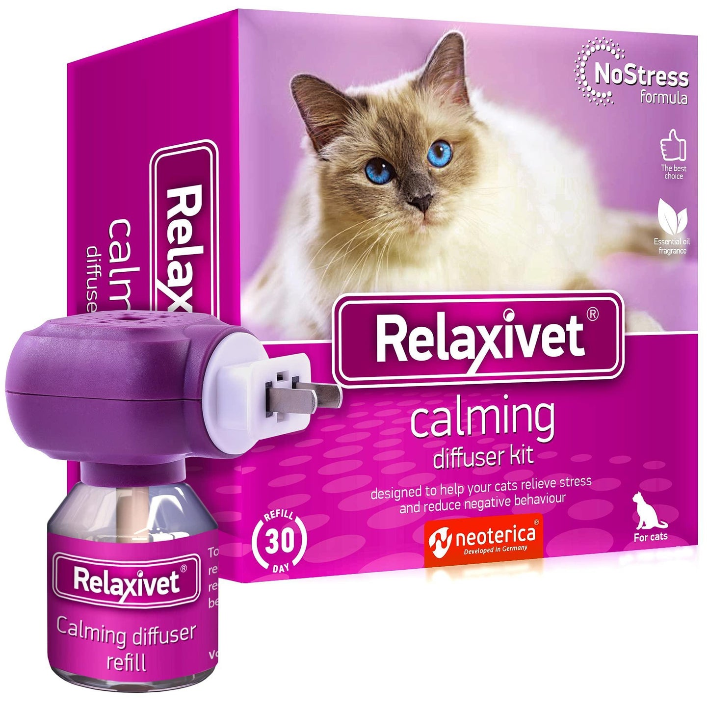 Relaxivet Natural Cat Calming Pheromone Diffuser Improved No Stress Formula Anti Anxiety Treatment #1 for Cats and Dogs with a Long Lasting Calming Effect
