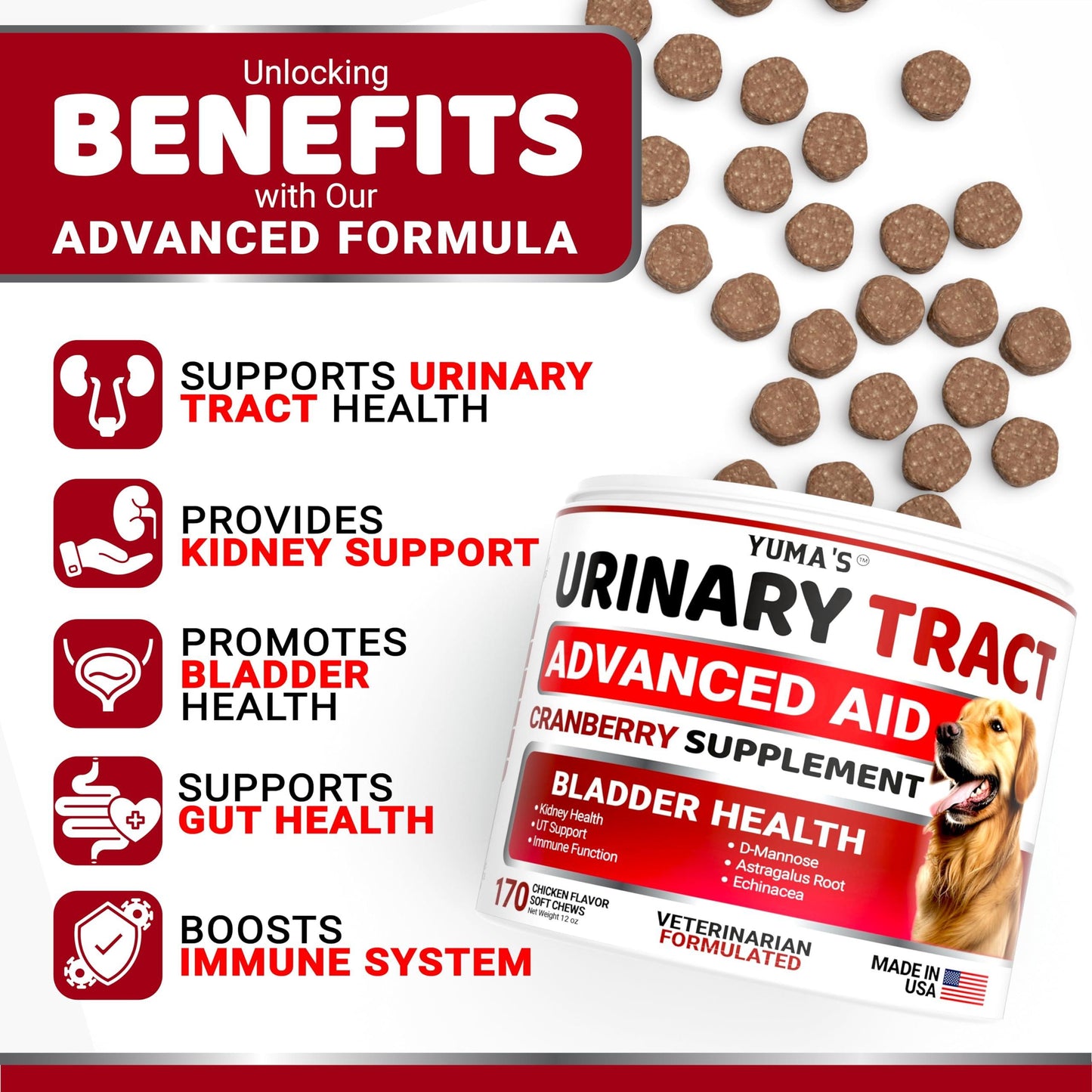 Dog UTI Treatment 170 Treats Cranberry Supplement for Dogs Bladder Control for Dogs Dog Urinary Tract Infection Treatment UTI Medicine for Dogs Multivitamin Dog Vitamins and Supplements