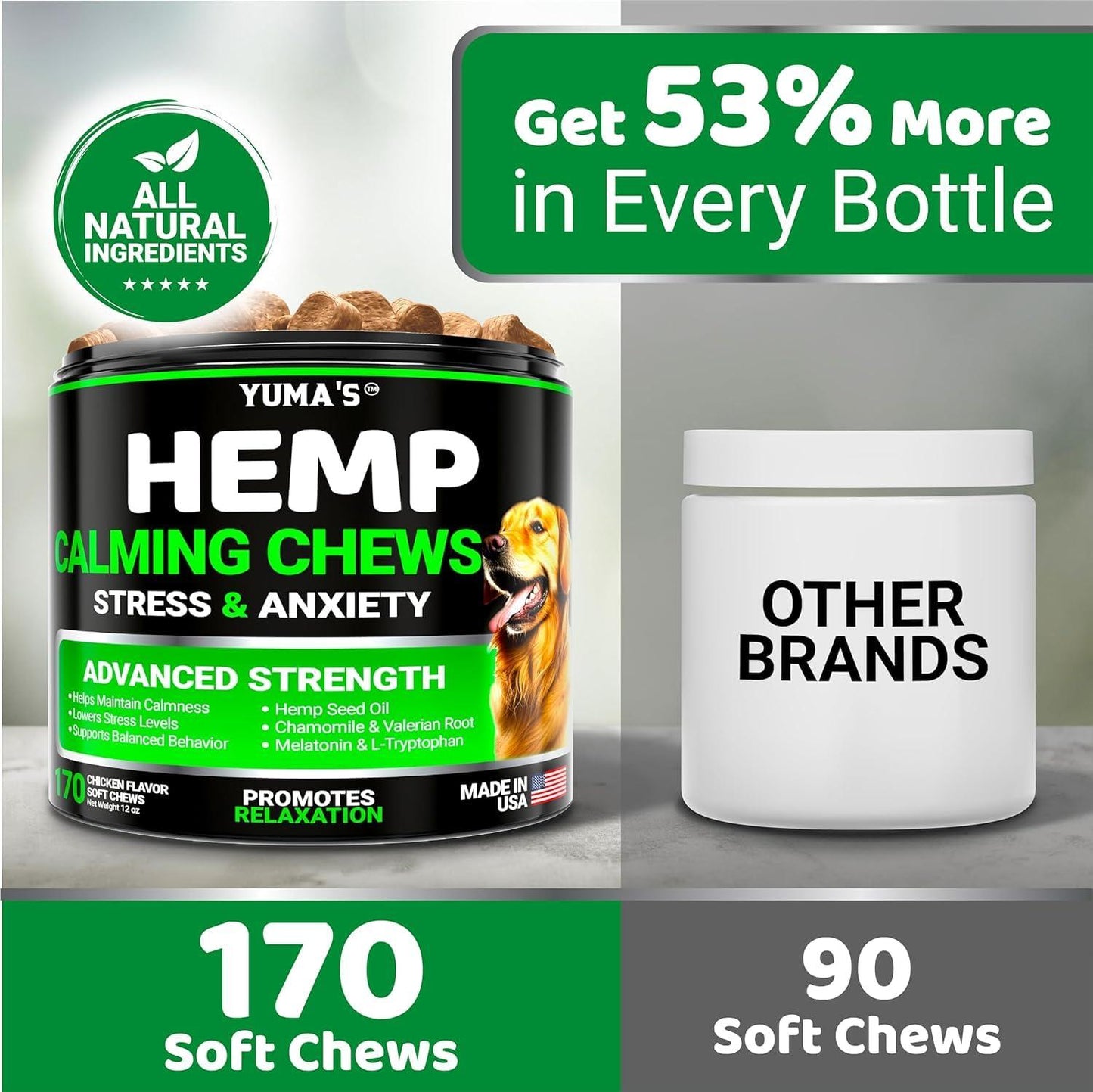 YUMA'S (2 Pack) Hemp Calming Chews for Dogs Advanced Dog Calming Treats Dog Calming Chews 340 Chews Anxiety Relief Treats Separation Aid Barking Stress Relief Melatonin Hemp Oil