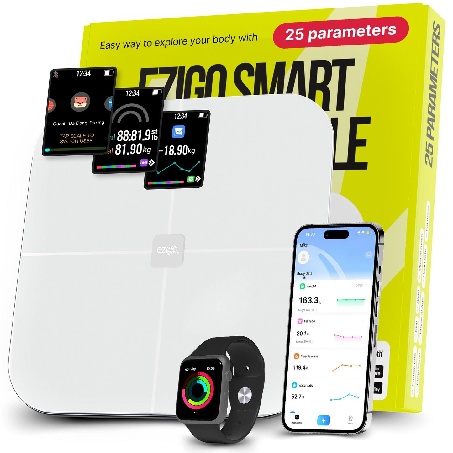 25 Metrics White Digital Bathroom Smart Scale with BMI Body Fat Muscle Mass Bluetooth Apple Health Compatible Scales Digital Weight Composition Scale & Body Fat Mass Up to 400lb 180 kg