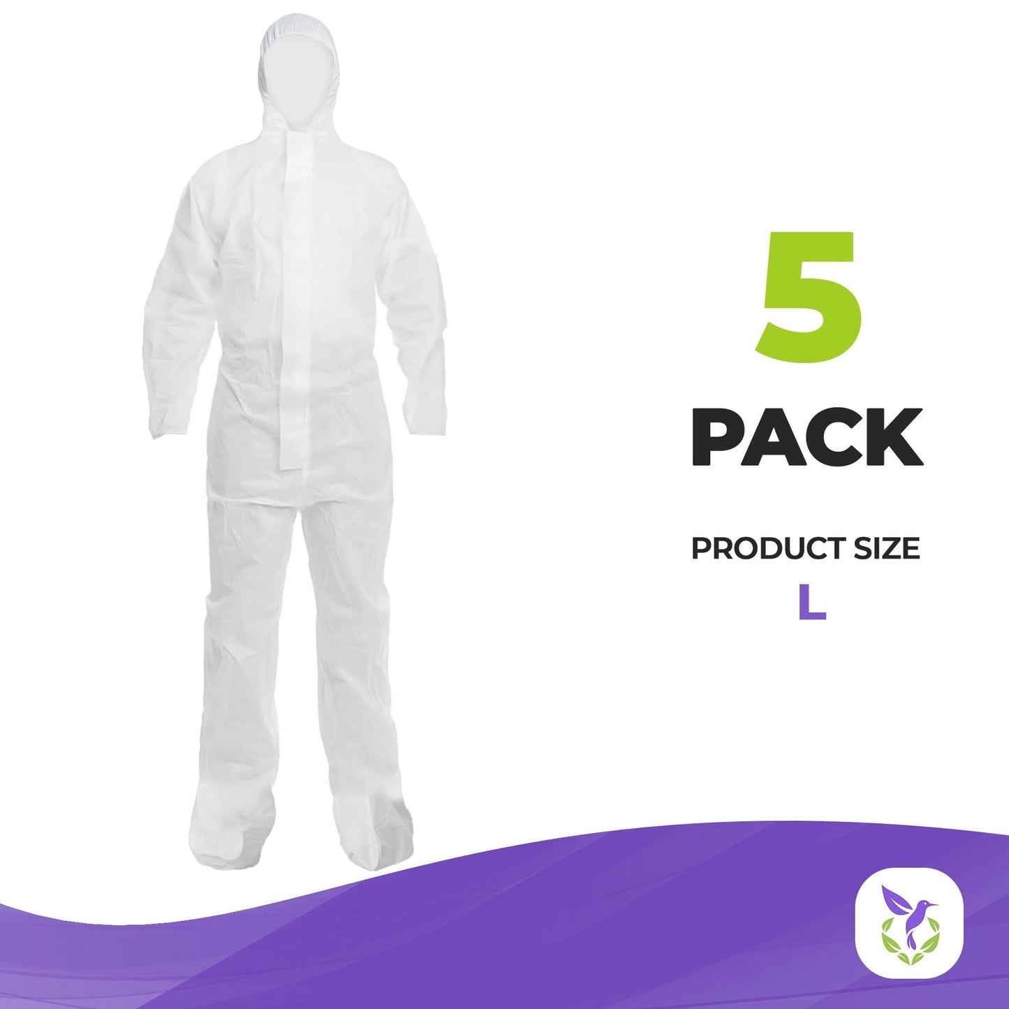 AMZ Medical Supply Disposable Coveralls for Men Women Large Pack of 5 White Hazmat Suits Disposable with Hood Boots Elastic Cuffs Waterproof and Dense 60gsm SMS Disposable Hazmat Suit Costume
