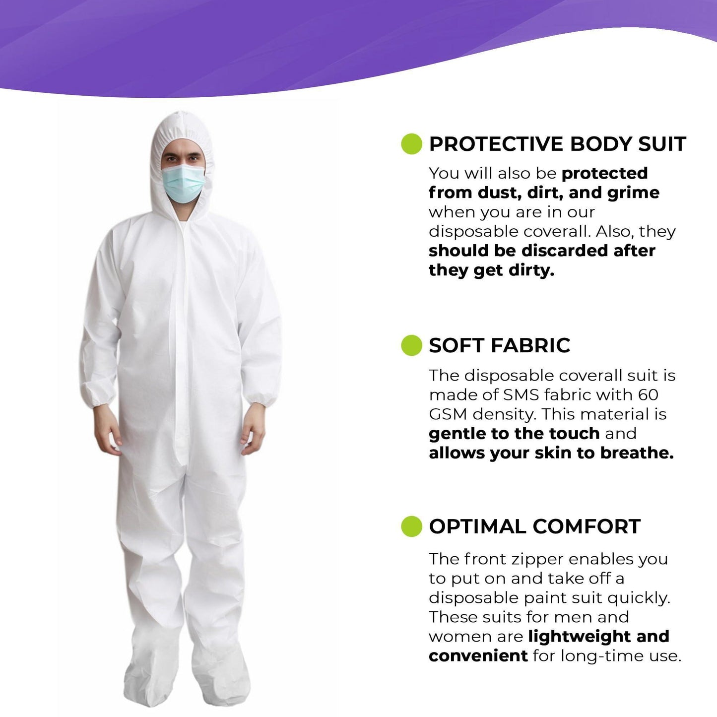 AMZ Medical Supply Disposable Coveralls for Men Women Large Pack of 5 White Hazmat Suits Disposable with Hood Boots Elastic Cuffs Waterproof and Dense 60gsm SMS Disposable Hazmat Suit Costume