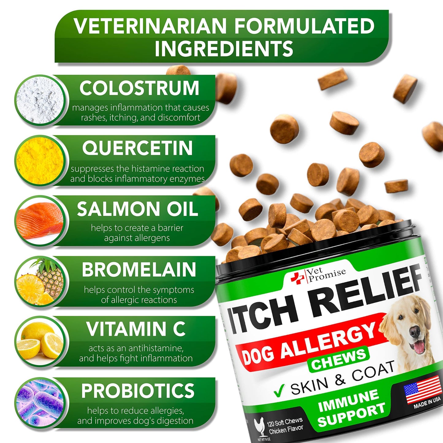 Dog Allergy Chews Itch Relief for Dogs Dog Allergy Relief Anti Itch for Dogs Dog Itchy Skin Treatment Dog Allergy Support Hot Spots Immune Health Supplement Made in USA 120 Treats