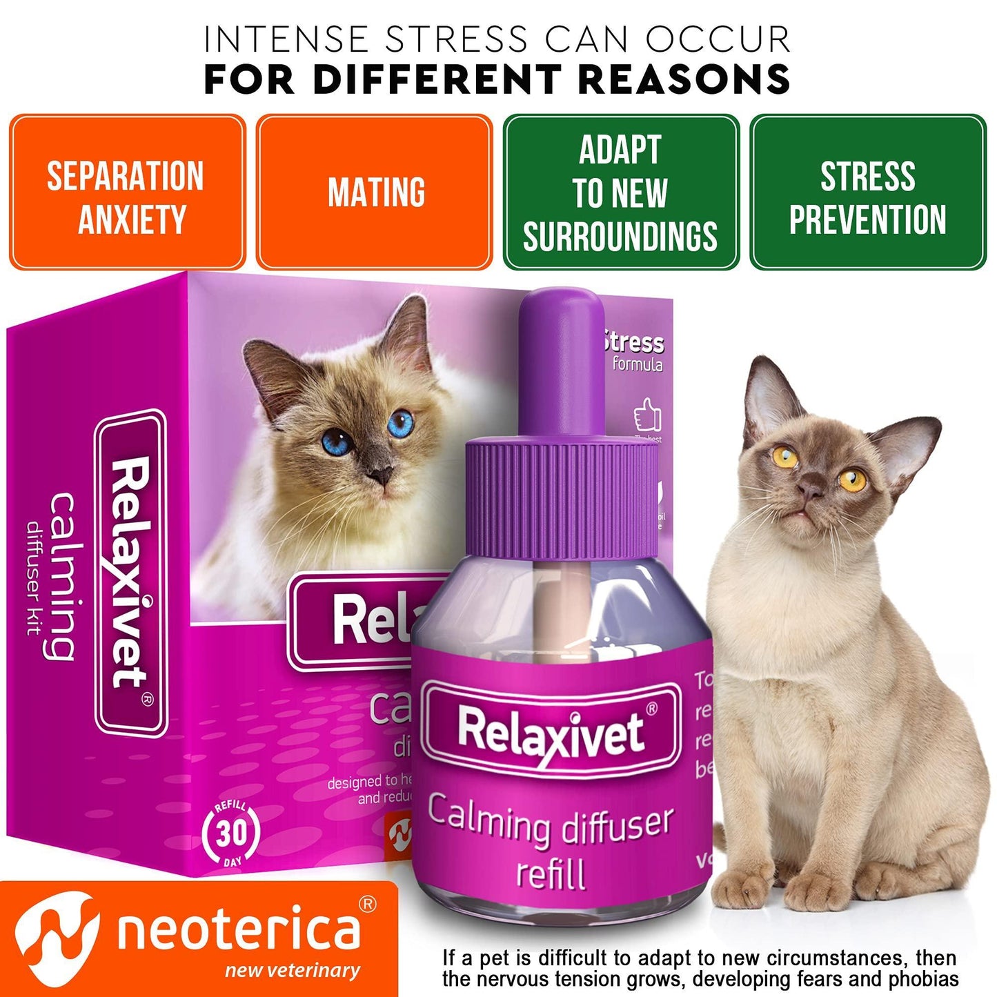 Relaxivet Natural Cat Calming Pheromone Diffuser Improved No Stress Formula Anti Anxiety Treatment #1 for Cats and Dogs with a Long Lasting Calming Effect