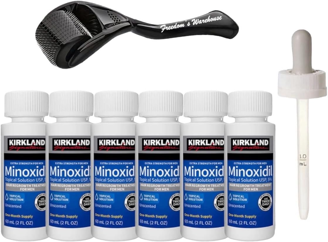 Kirkland Minoxidil 5% Hair Regrowth Solution Extra Strength 1 to 12 Month Supply with Derma Roller