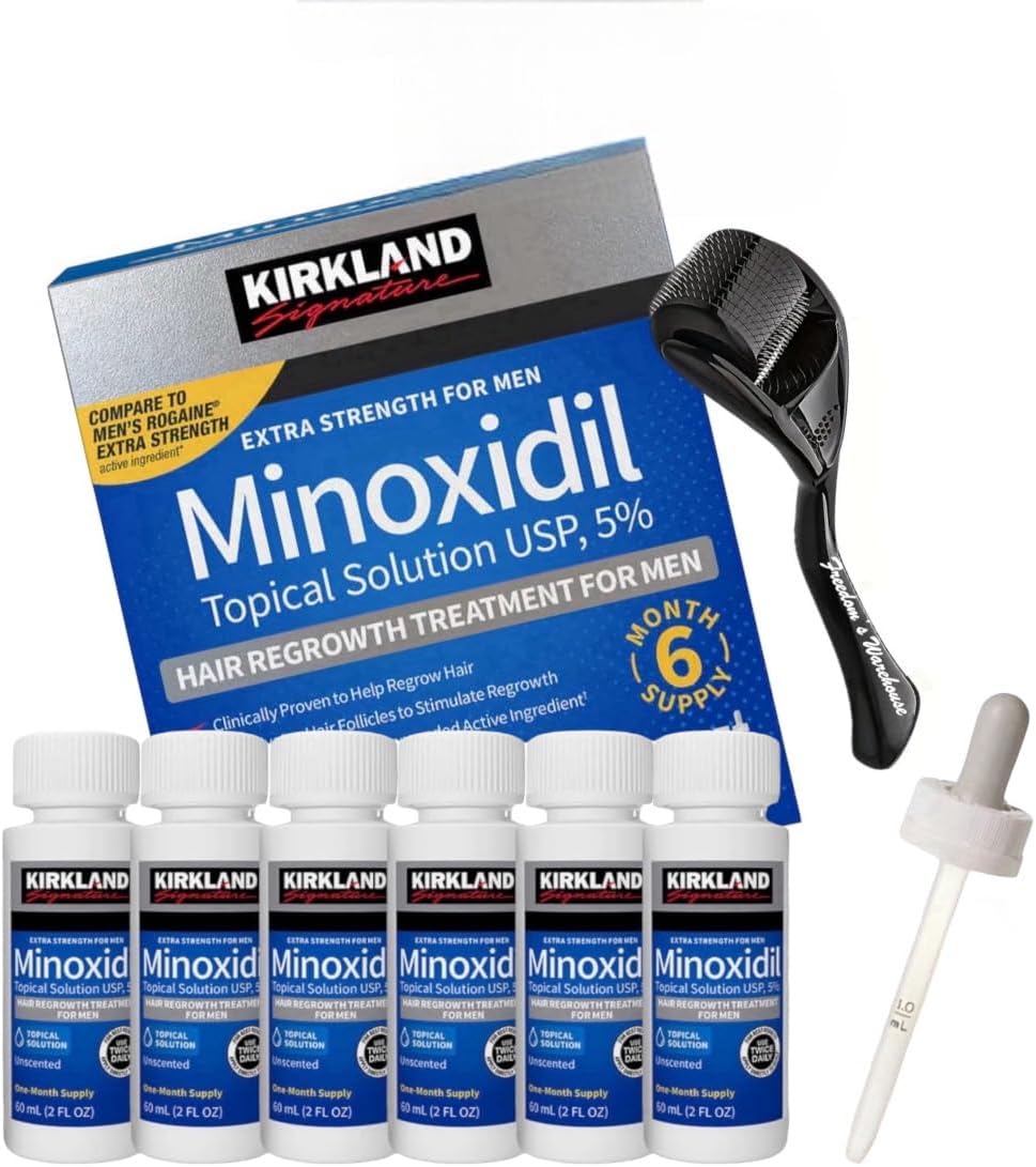 Kirkland Minoxidil 5% Hair Regrowth Solution Extra Strength 1 to 12 Month Supply with Derma Roller