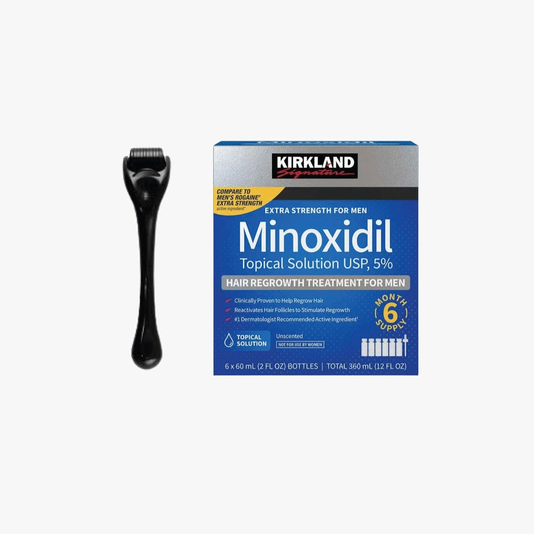 Kirkland Minoxidil 5% Hair Regrowth Solution Extra Strength 1 to 12 Month Supply with Derma Roller