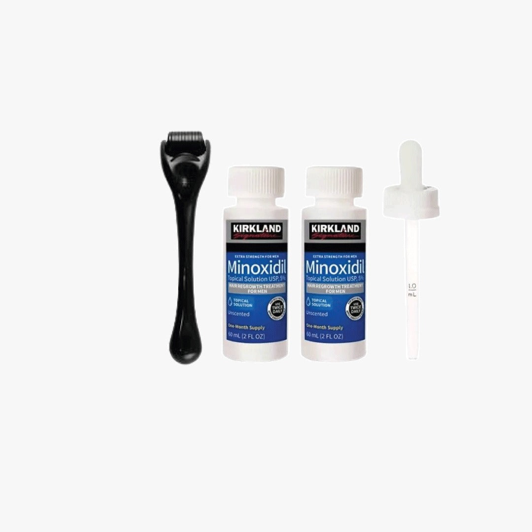 Kirkland Minoxidil 5% Hair Regrowth Solution Extra Strength 1 to 12 Month Supply with Derma Roller