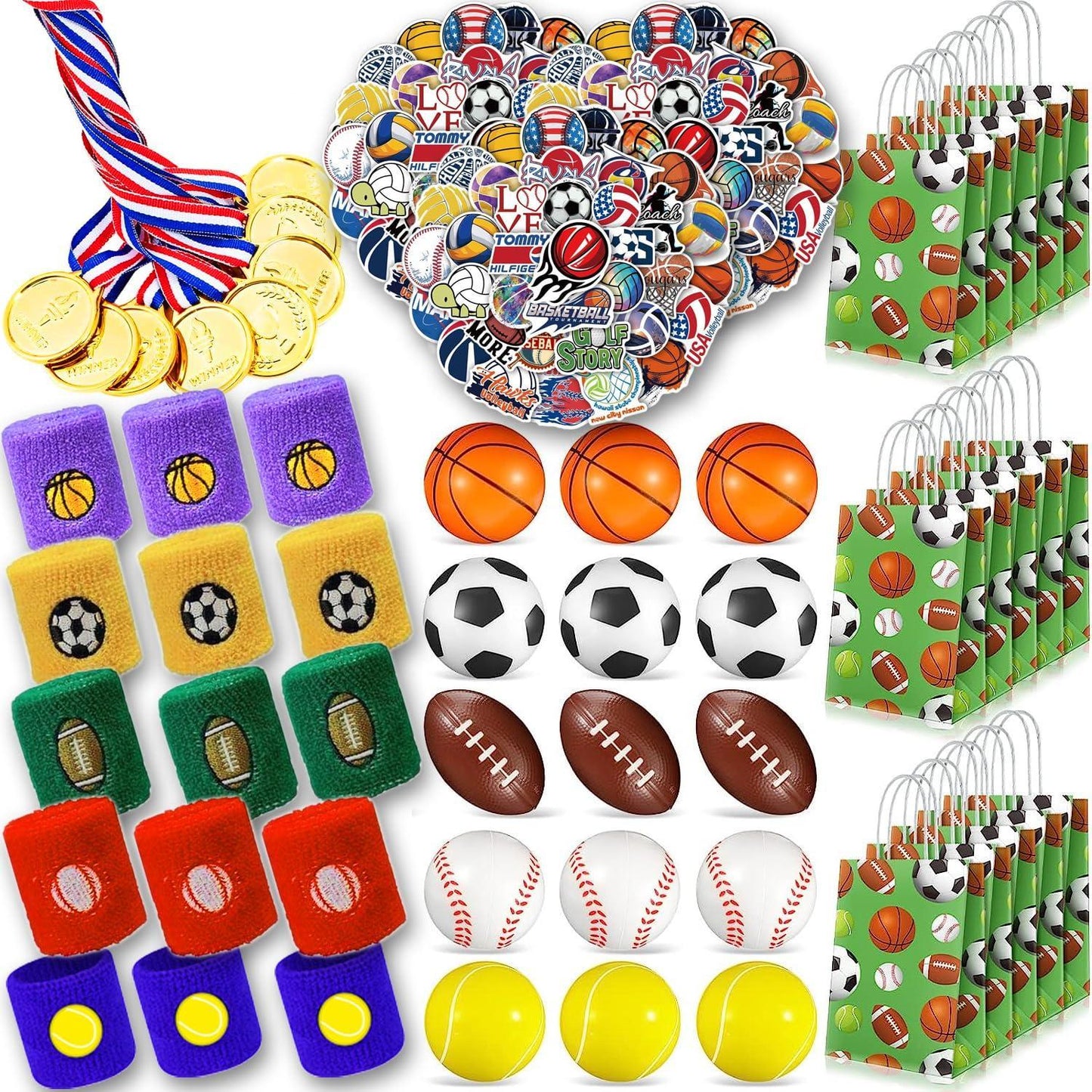 210 Pcs Sports Party Favors for Kids with Golden Winner Awards Medals Wristbands Mini Foam Balls Treat Bags Waterproof Stickers for Basketball Football Baseball Soccer Tennis for Party Classroom Prizes (210)