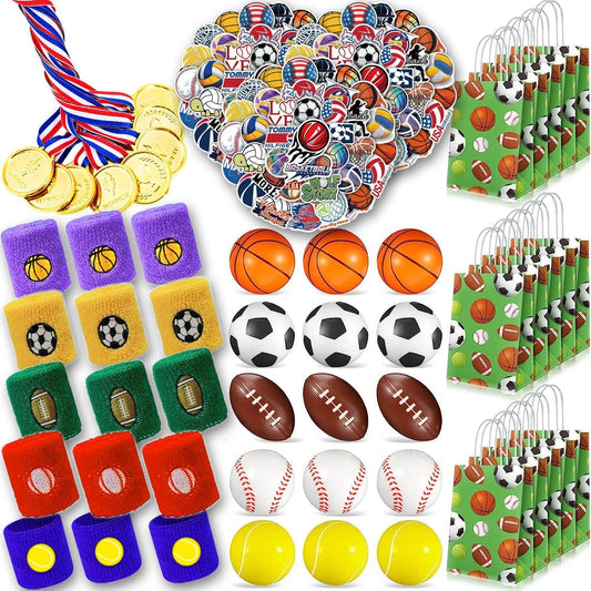 210 Pcs Sports Party Favors for Kids with Golden Winner Awards Medals Wristbands Mini Foam Balls Treat Bags Waterproof Stickers for Basketball Football Baseball Soccer Tennis for Party Classroom Prizes (210)