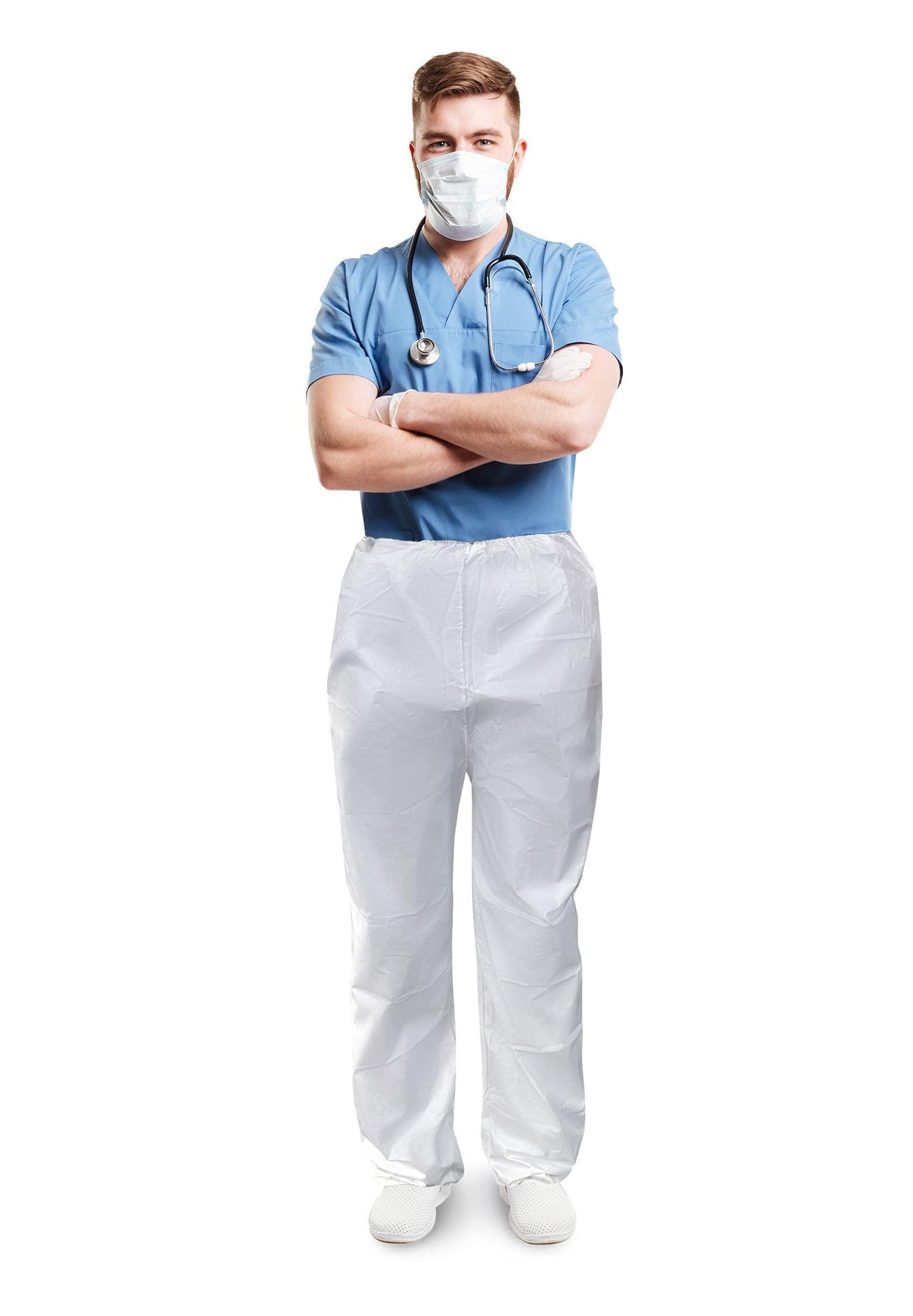 Waterproof Disposable Pants. Pack of 10 Poly White Trousers Medium. Protective Microporous Workwear with Elastic Waist Open Ankles. Leg PPE Clothing. 10 Pairs of Pants for Industrial Use.