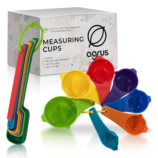 Measuring Cups and Spoons Set 15 Piece   Plastic Measuring Cup Set for Liquid and Dry Measuring   Engraved Metric USA Measurement Cup Set for Baking Cooking   Colorful BPA Free Measuring Cups