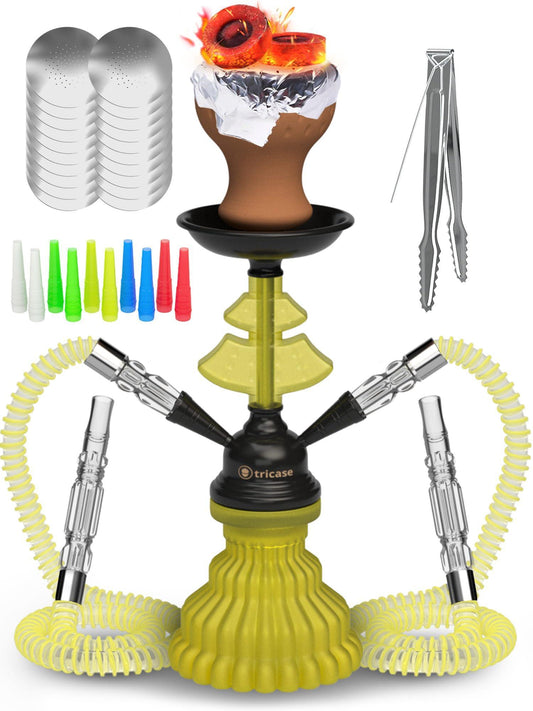 Neon Yellow Hookah Set 2 Hose Hookah – LilOne 12” Neon Yellow Mini Hookah Combo Kit Shisha Hookah Set with Prepunched Foil Hookas Bowl Disposable Tips Mouthpiece Tongs Portable Hookah Pipe   Hookah Machines