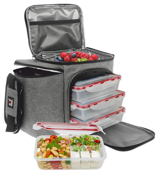 Meal Prep Lunch Box   3 piece set   Insulated Lunch Box For Women or Men   3 Bento Style Containers Inside Large Lunch Bag  BPA Free   Microwave Dishwasher Safe   A2S Gray Black