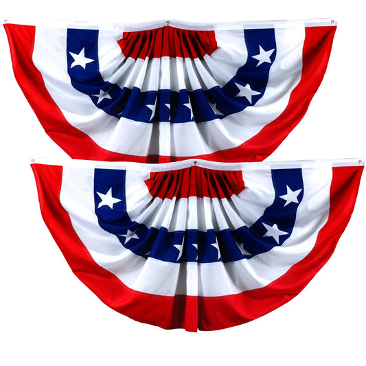 2 Pack: American USA Pleated Fan Flag 1.5x3 Feet DELUXE Bunting Decoration Flags PRINTED 150D Patriotic Stars and Stripes with Canvas Header and Brass Grommets