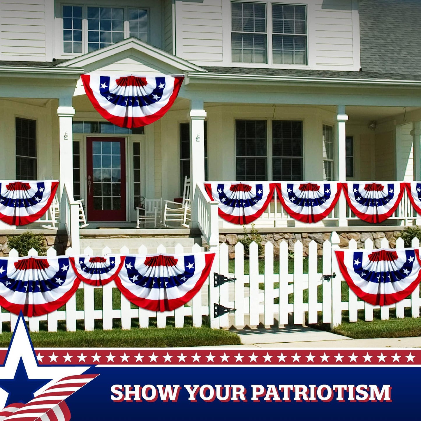 2 Pack: American USA Pleated Fan Flag 1.5x3 Feet DELUXE Bunting Decoration Flags PRINTED 150D Patriotic Stars and Stripes with Canvas Header and Brass Grommets