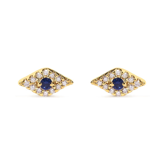 10K Yellow Gold Blue Sapphire and Diamond Accent Evil Eye Stud Earring (H-I Color, I1-I2 Clarity)
