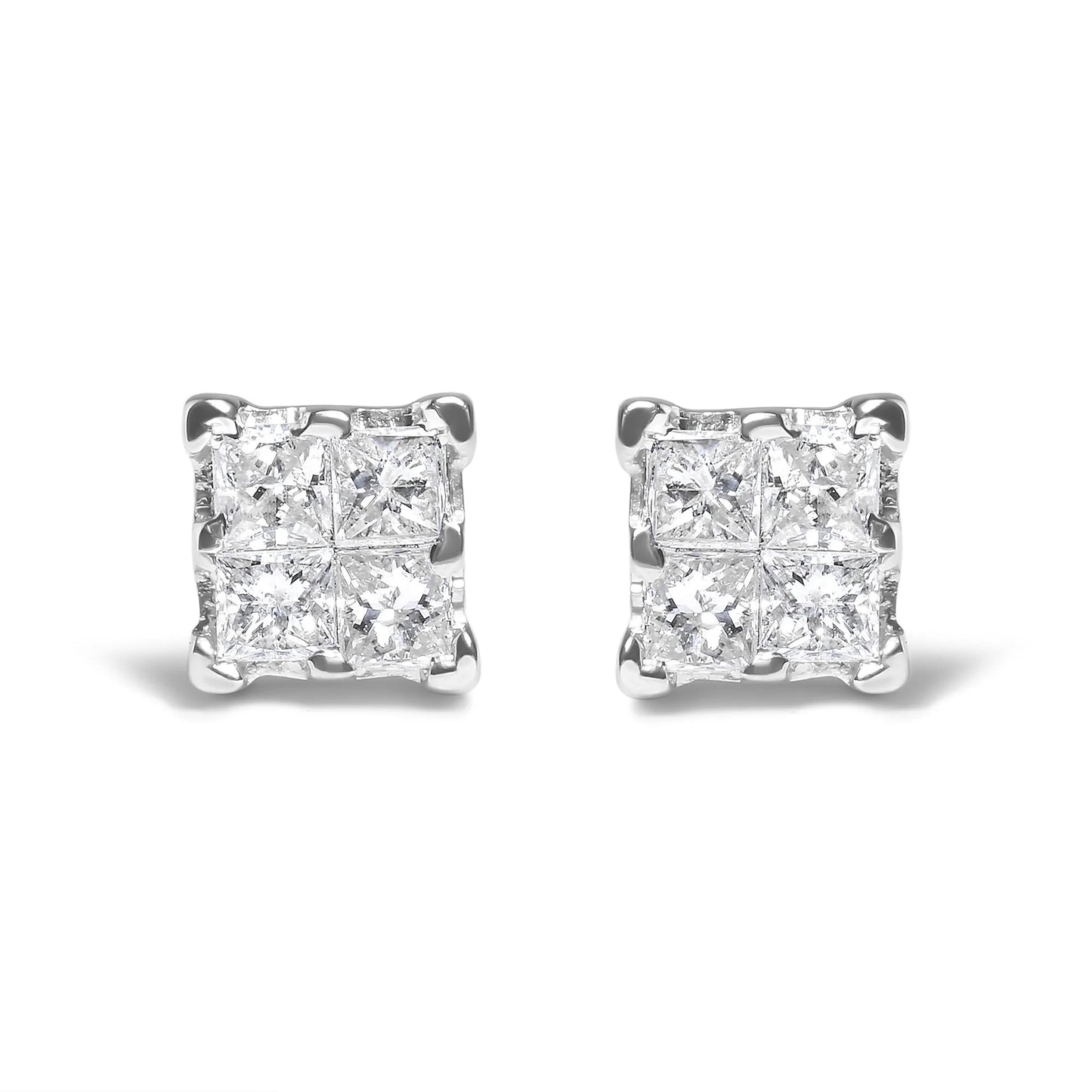 .925 Sterling Silver 1/4 Cttw Invisible Set Princess Diamond Composite Quad Stud Earrings (I-J Color, I1-I2 Clarity)