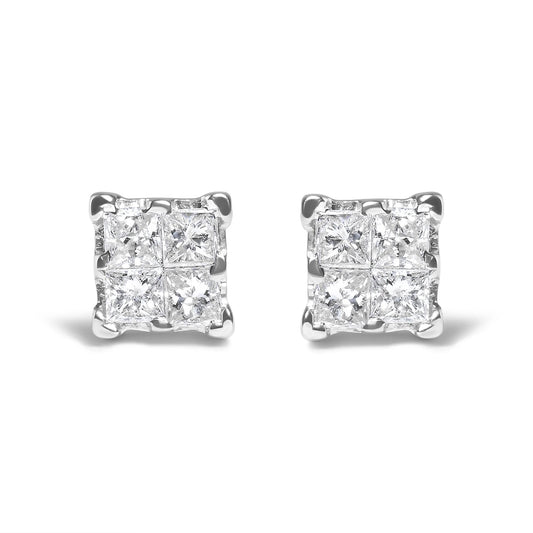 .925 Sterling Silver 1/4 Cttw Invisible Set Princess Diamond Composite Quad Stud Earrings (I-J Color, I1-I2 Clarity)