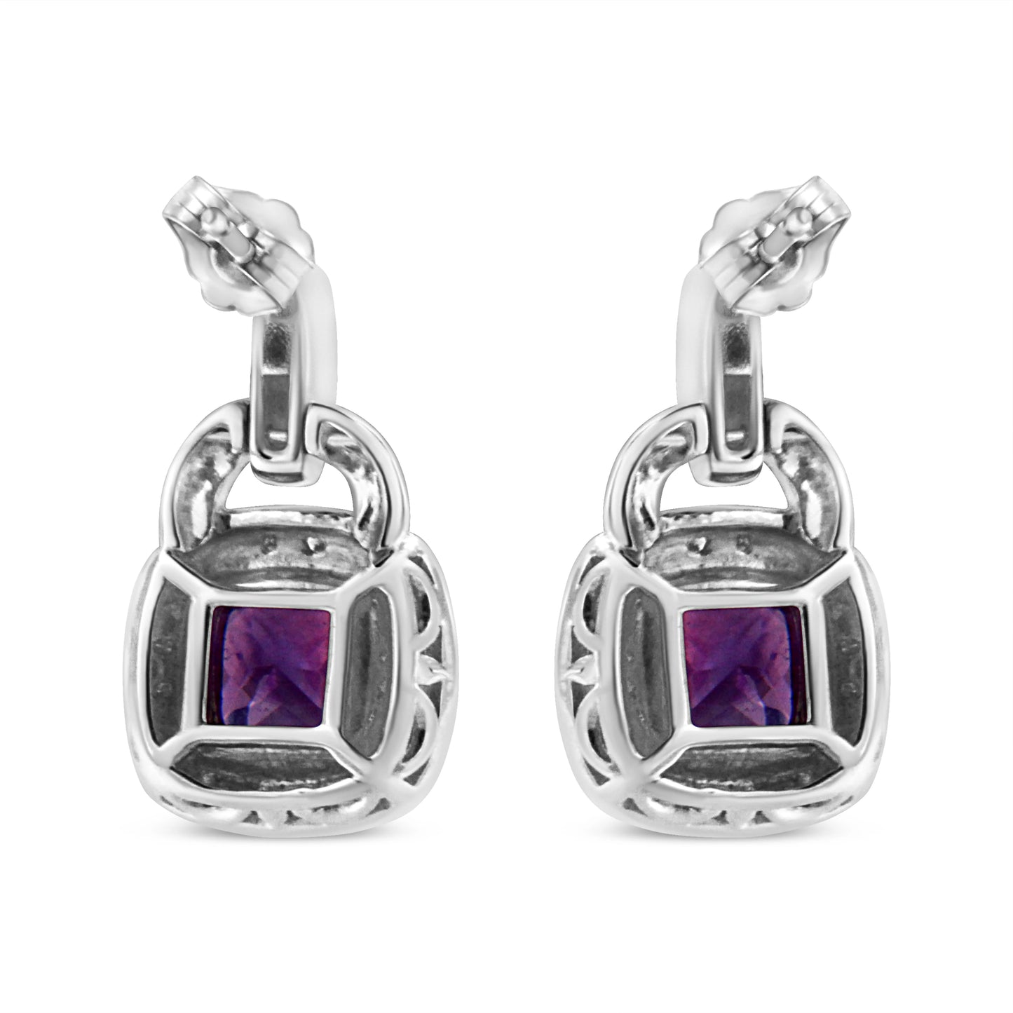 .925 Sterling Silver 8MM Natural Cushion Shaped Amethyst and Diamond Accent Halo with Push Back Dangle Earrings (I-J Color, I2-I3 Clarity)