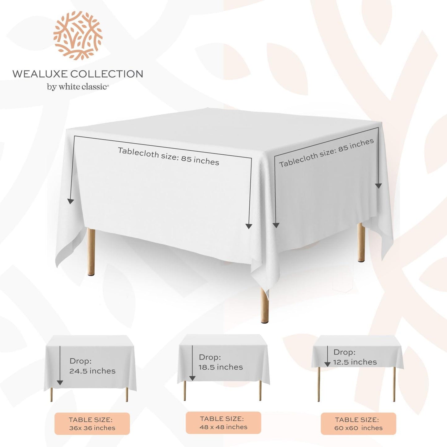 2 Square Tablecloth Covers 85x85 Inch | Table Cloths for Square or Round Table | 200 GSM Washable Wrinkle Resistant Fabric for Weddings Kitchen Restaurant | White | 2 Pack