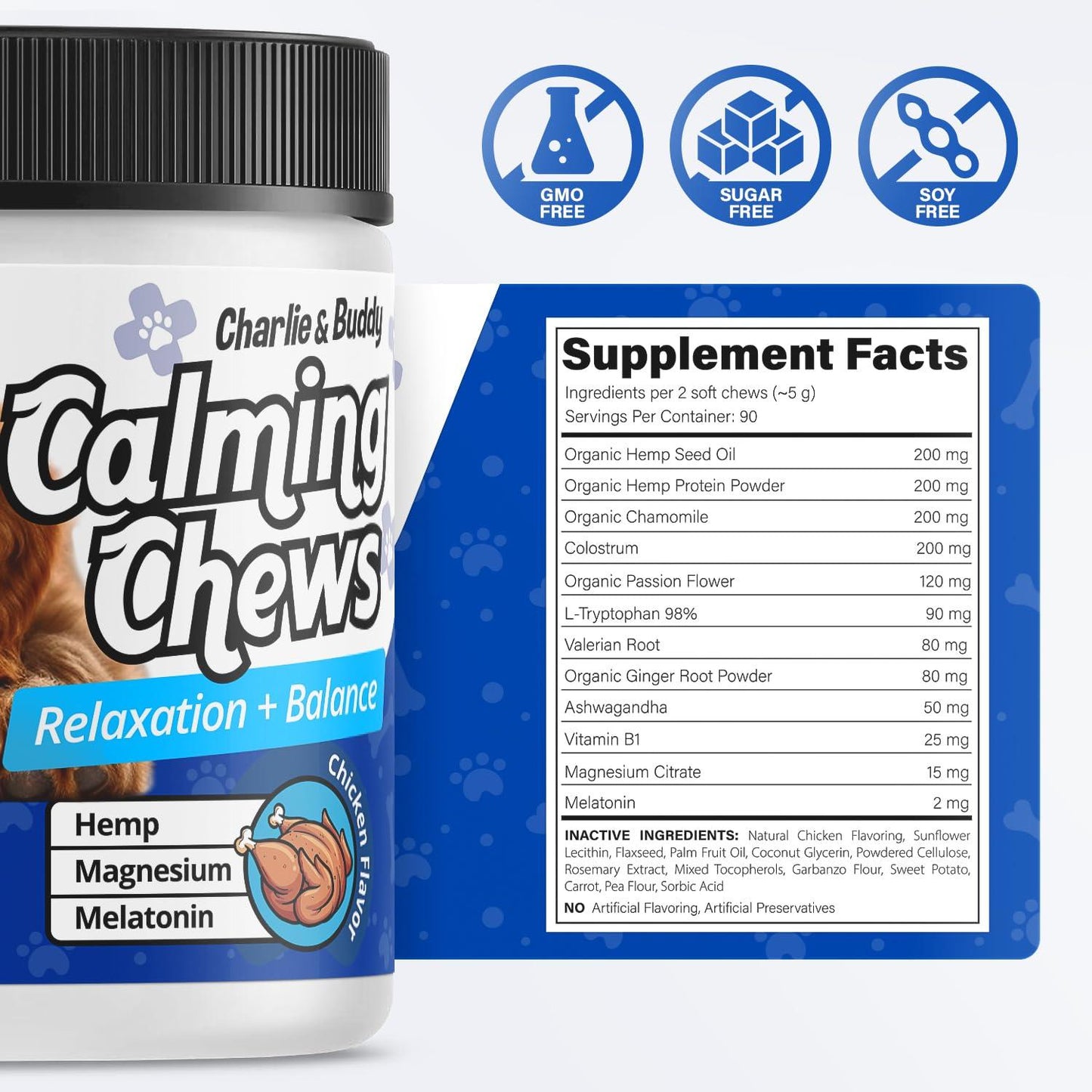 Calming Chews for Dogs Dog Anxiety Relief Promote Relaxation Dog Calming Chews with Melatonin for Dogs Chamomile Magnesium Citrate 90 Soft Chews Chicken Flavor