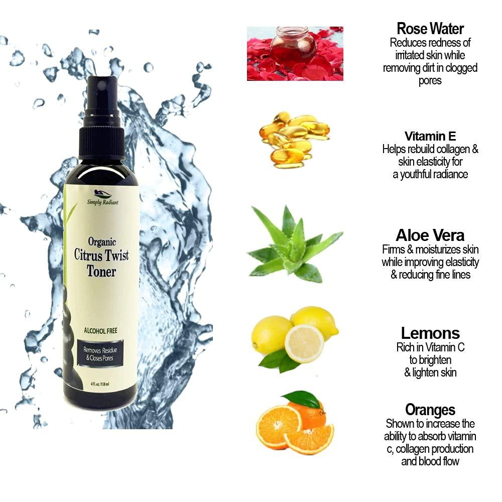 Organic Citrus Facial Toner with Rose Water Witch Hazel & Aloe Vera   Natural Astringent Closes Pores and Preps Skin