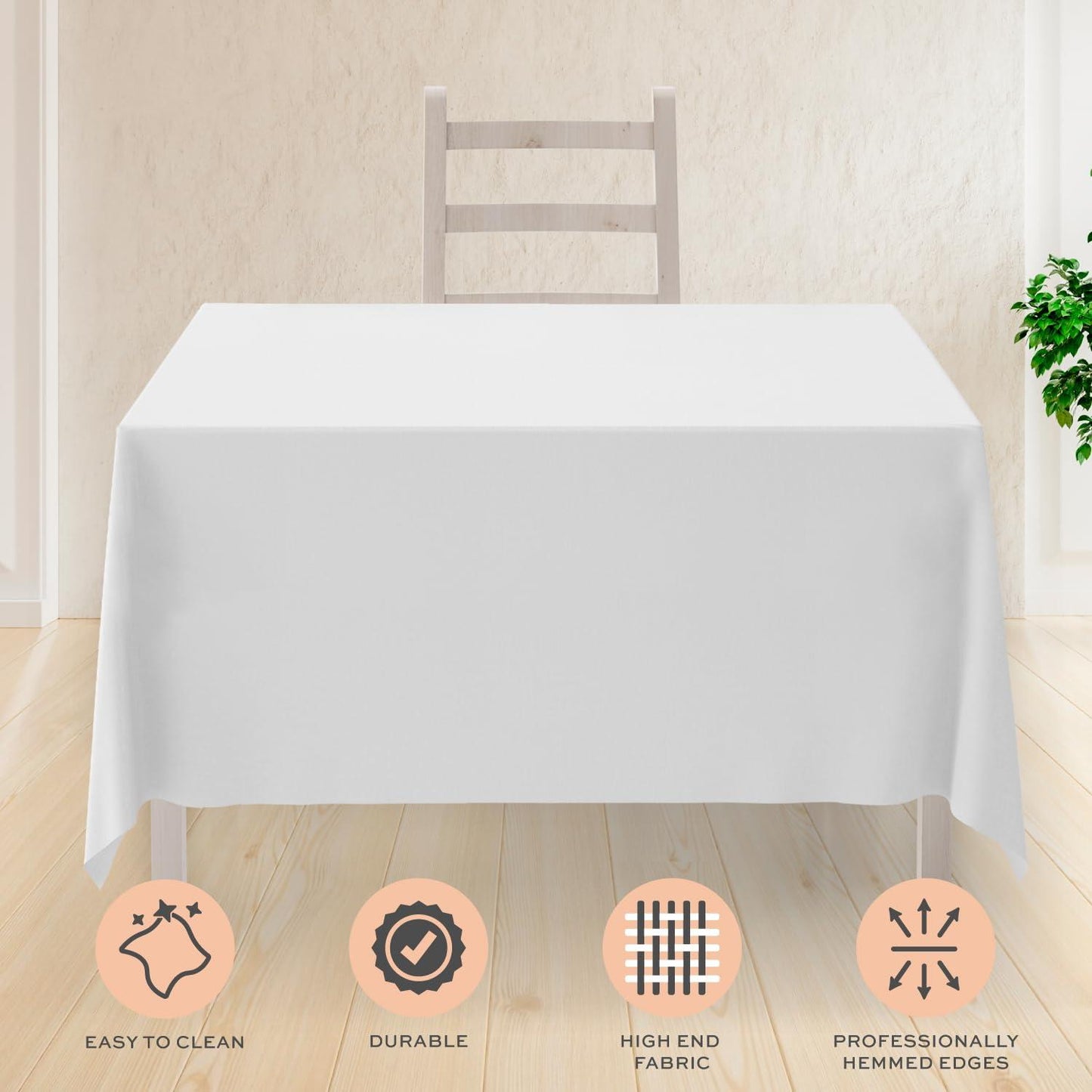 2 Square Tablecloth Covers 52x52 Inch | Table Cloths for Square or Round Table | 200 GSM Washable Wrinkle Resistant Fabric for Weddings Kitchen Restaurant | White | 2 Pack