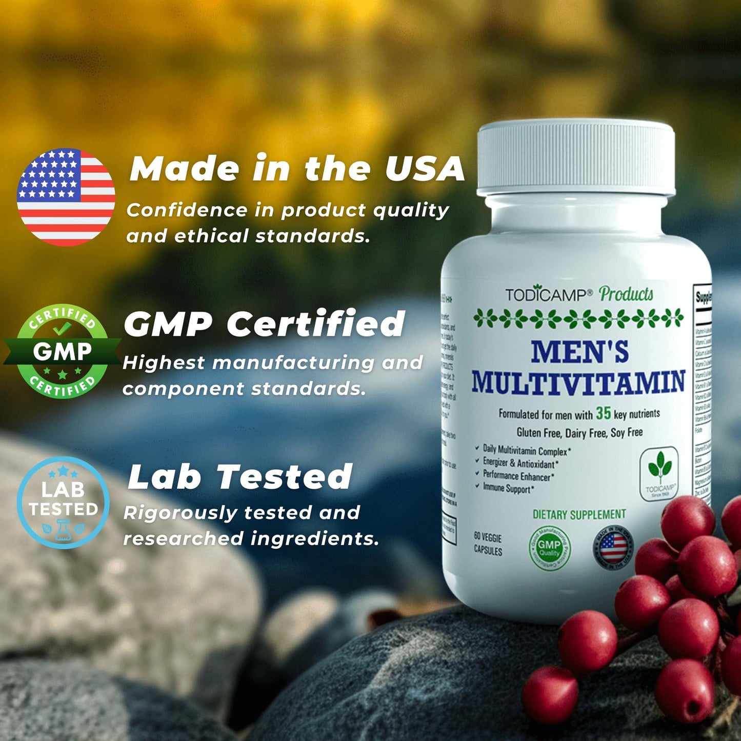Men's Multivitamin & Mineral Complex with Plant Based Extracts   Multivitamin for Men Improves Overall Health Antioxidant & Natural Body Support   60 Capsules   30 Day Supply