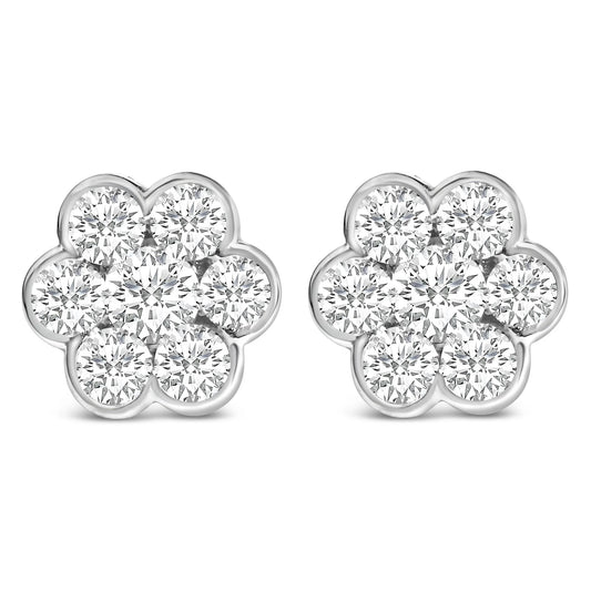 14K White Gold 1 1/3 Cttw Diamond Bezel Style 7 Stone Floral Cluster Stud Earrings (H-I Color, VS2-SI1 Clarity)