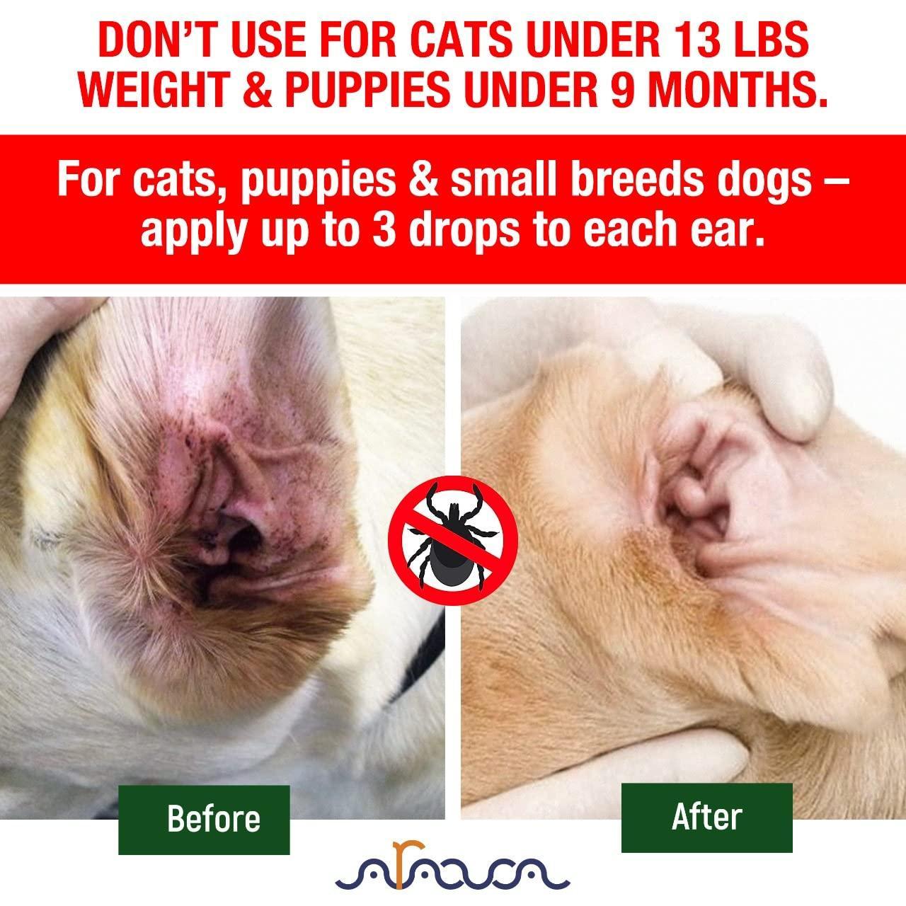 Arava Natural Ear Mite Treatment   for Dogs & Cats   Pet Ear Mites Infection Cleaner   Treat Inaccessible Areas & Prevent Infections   NOT for Cats Under 13 LBS & Puppies Under 9 Months