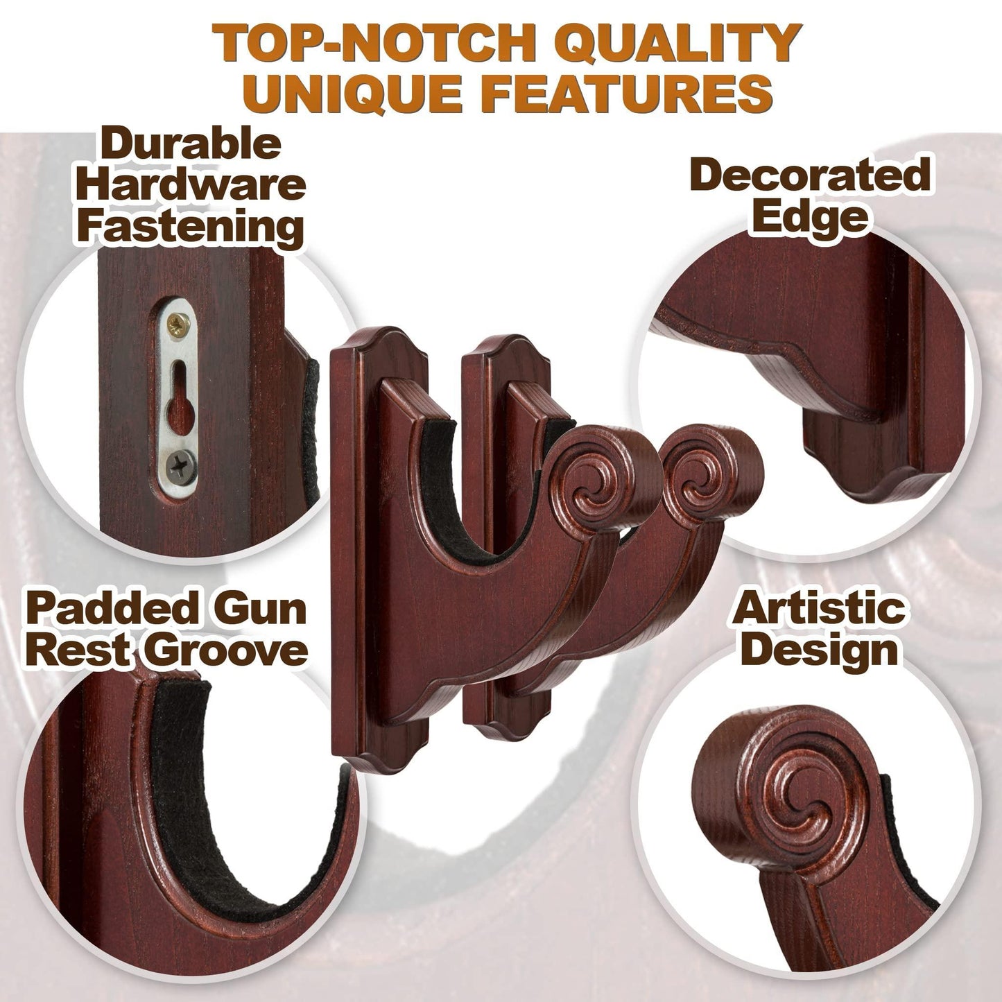 TESLYAR Gun Rack Wall Mount Hold Up Displays Horizontal Gun Rack and Shotgun Hooks Store Rifle Shotgun Bow Real Hardwood Hanger Twisted (Red)
