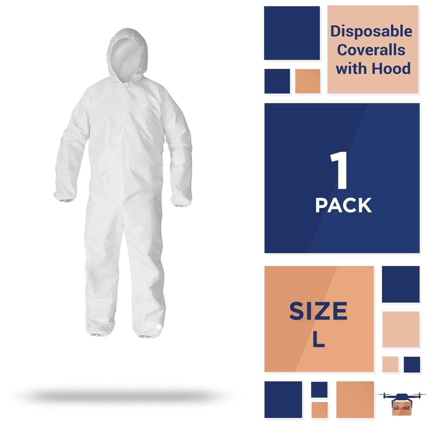EZGOODZ Disposable Coveralls Large White Microporous Polypropylene Hazmat Suits Disposable Waterproof 60 GSM Protective Suits with Elastic Hood Wrists Ankles Waist Front Zipper