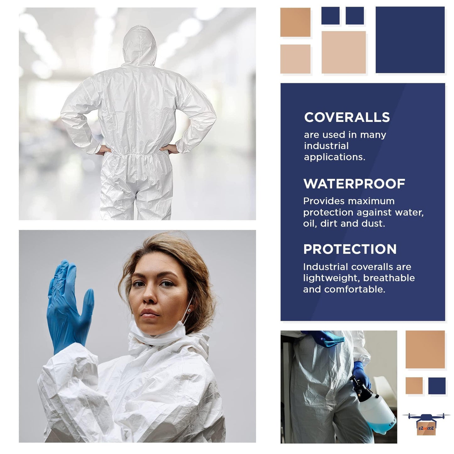 EZGOODZ Disposable Coveralls Large White Microporous Polypropylene Hazmat Suits Disposable Waterproof 60 GSM Protective Suits with Elastic Hood Wrists Ankles Waist Front Zipper