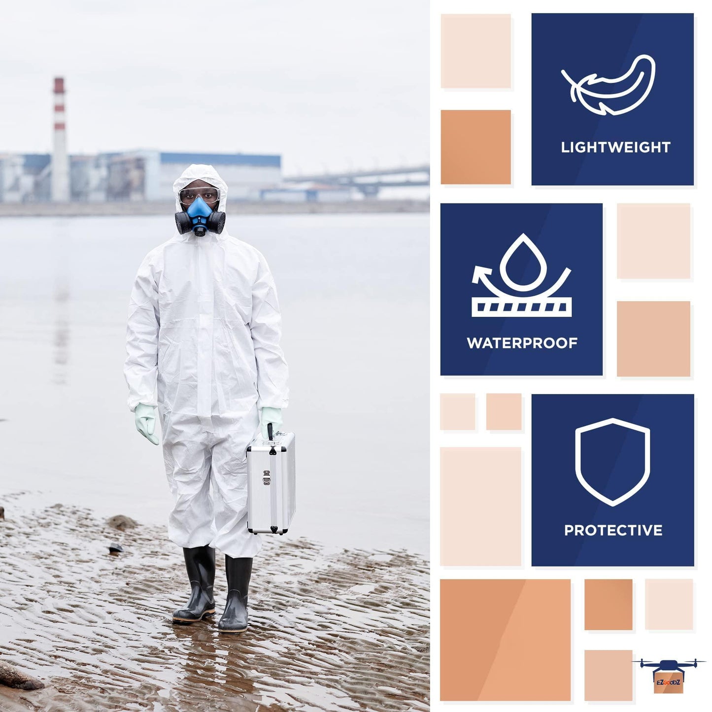 EZGOODZ Disposable Coveralls Large White Microporous Polypropylene Hazmat Suits Disposable Waterproof 60 GSM Protective Suits with Elastic Hood Wrists Ankles Waist Front Zipper