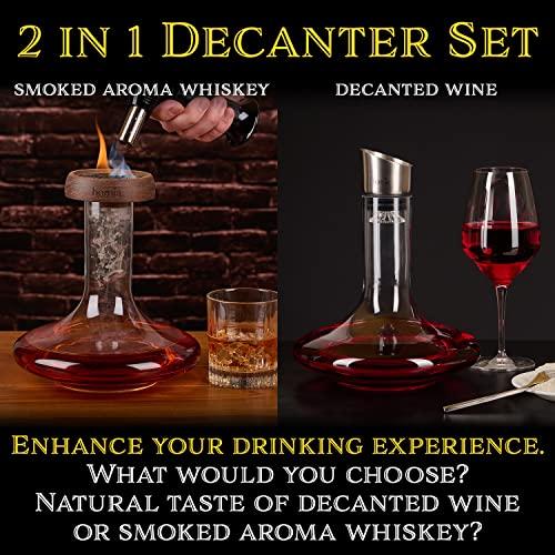2in1 Decanter Set  Wooden Smoker  Wine Aerator  60 fl oz Glass Decanter  Scotch Bourbon Red Wine Handmade Decanter Set  Gift for Men (Torch not included)