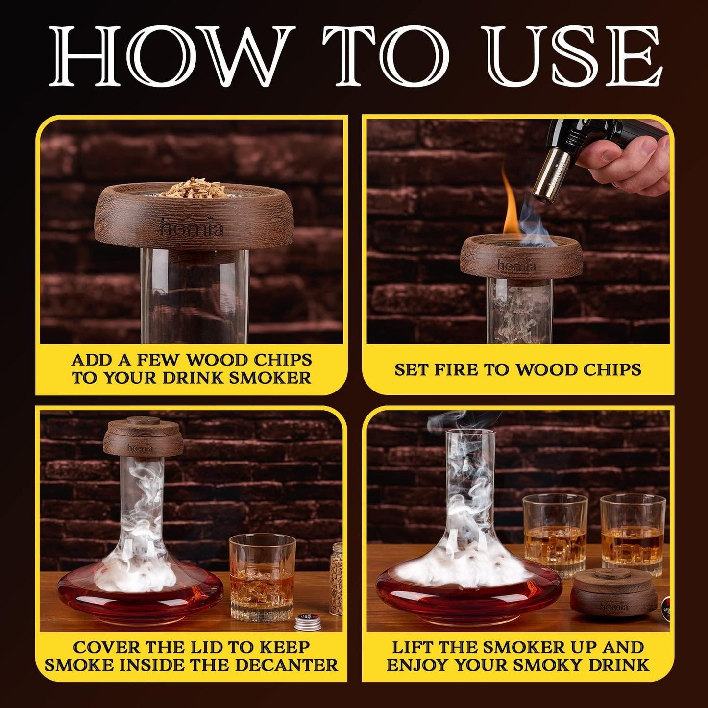 2in1 Decanter Set  Wooden Smoker  Wine Aerator  60 fl oz Glass Decanter  Scotch Bourbon Red Wine Handmade Decanter Set  Gift for Men (Torch not included)