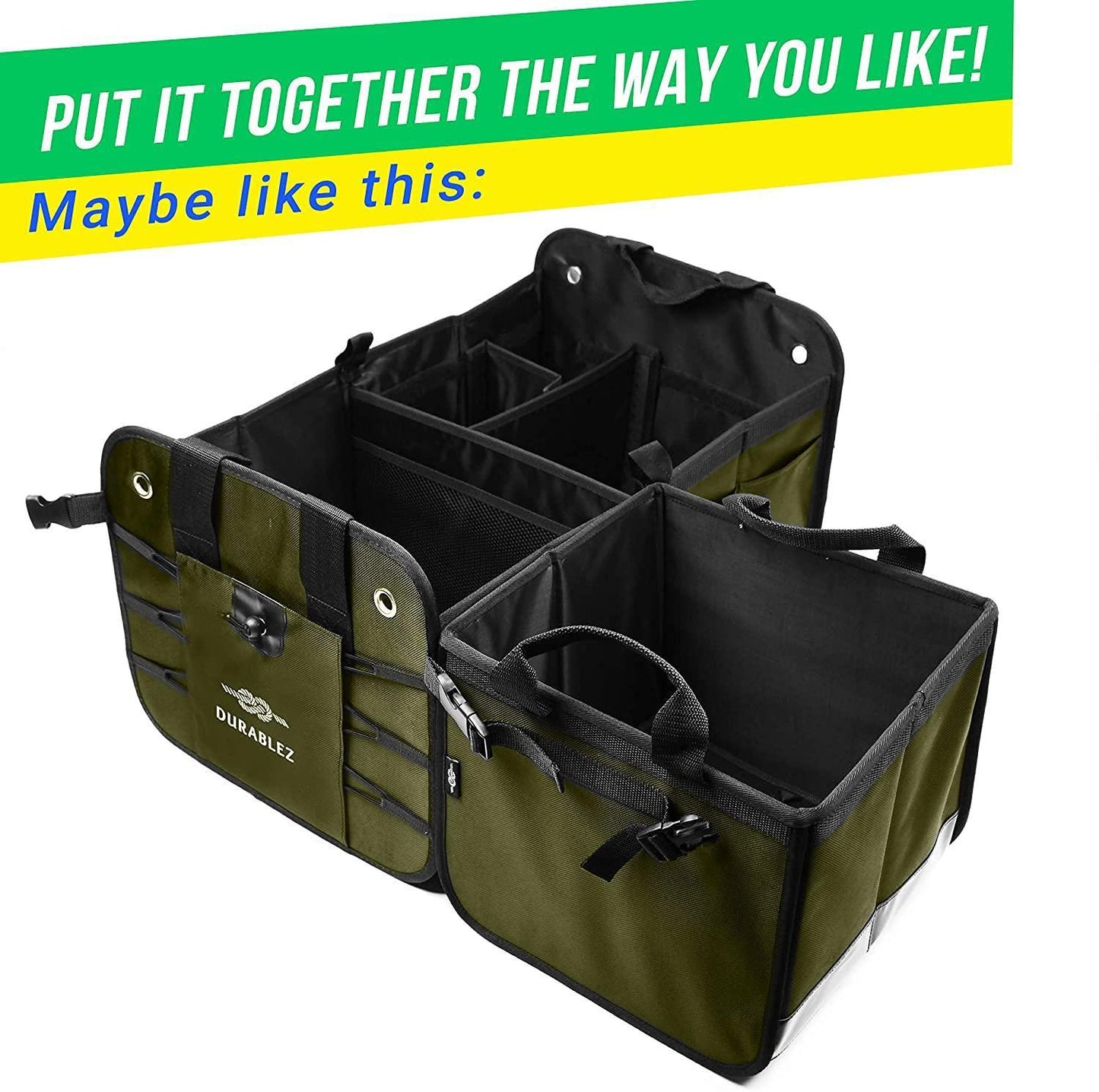 3 Compartment Separable Collapsible Car Trunk Storage Organizer for SUV Minivan Truck Sedan   XL Military Green