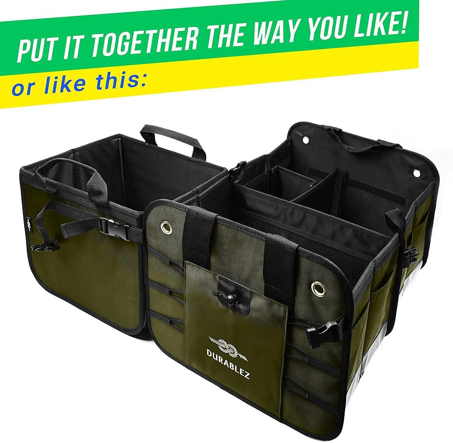 3 Compartment Separable Collapsible Car Trunk Storage Organizer for SUV Minivan Truck Sedan   XL Military Green
