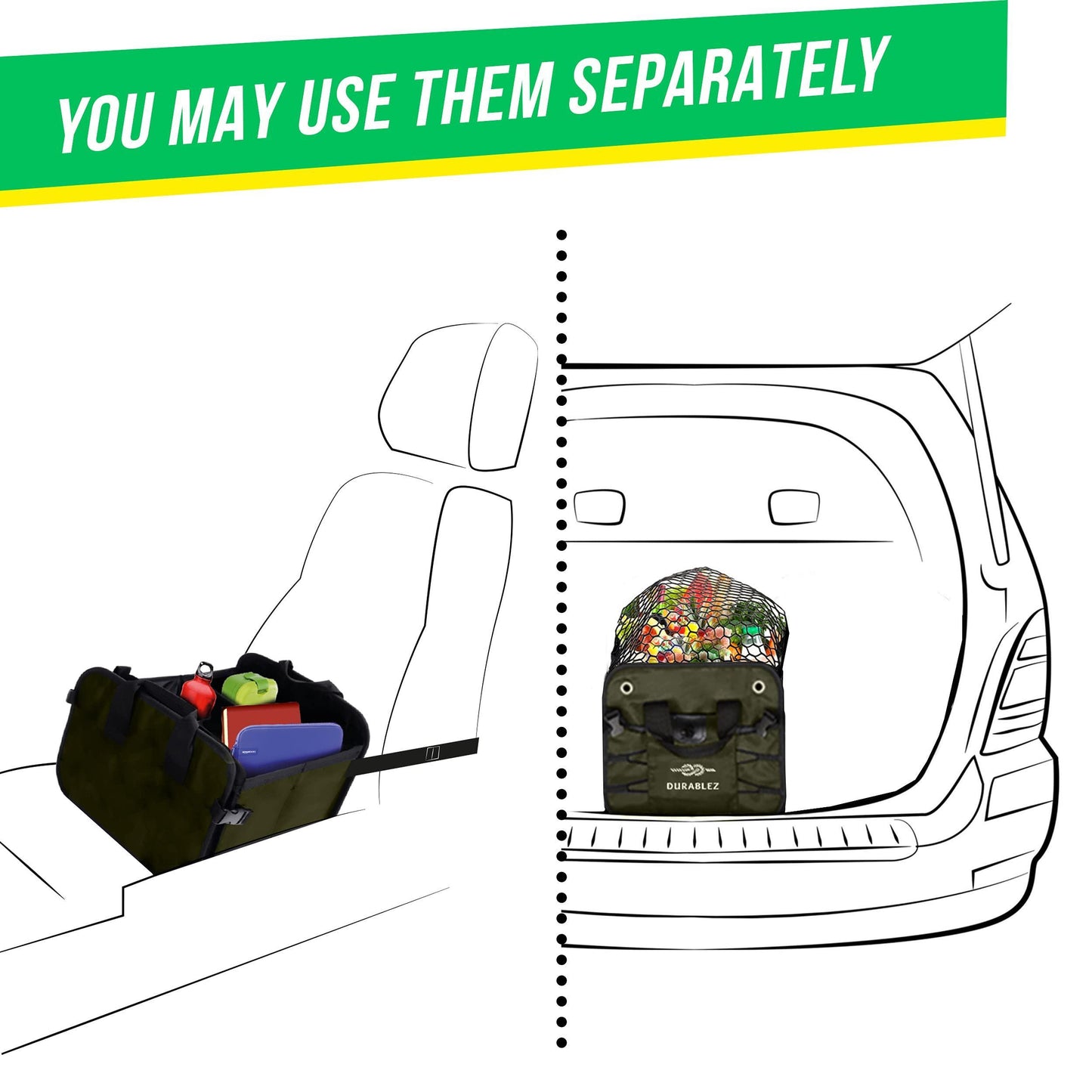 3 Compartment Separable Collapsible Car Trunk Storage Organizer for SUV Minivan Truck Sedan   XL Military Green