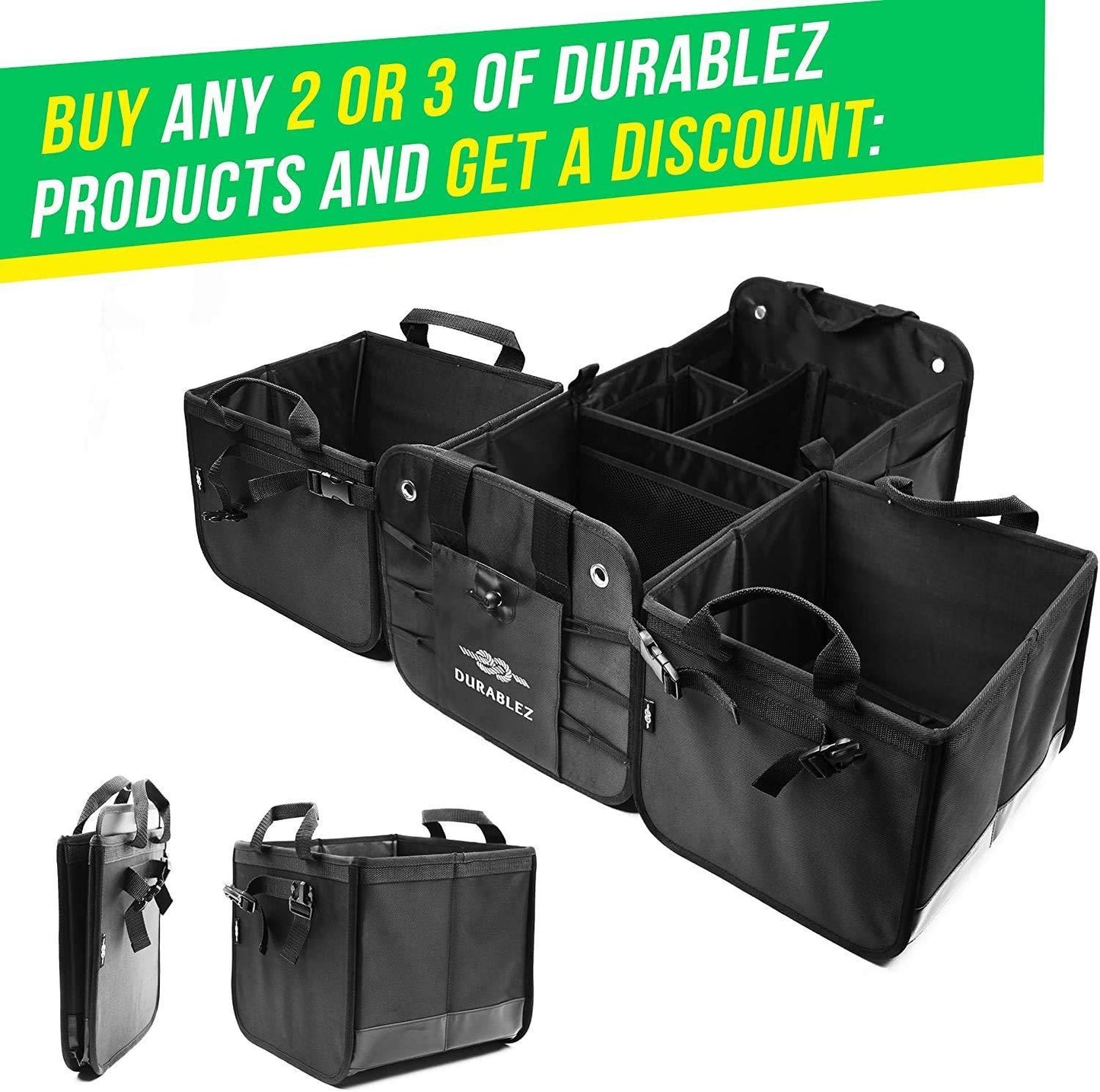 3 Compartment Separable Collapsible Car Trunk Storage Organizer for SUV Minivan Truck Sedan   XL Military Green