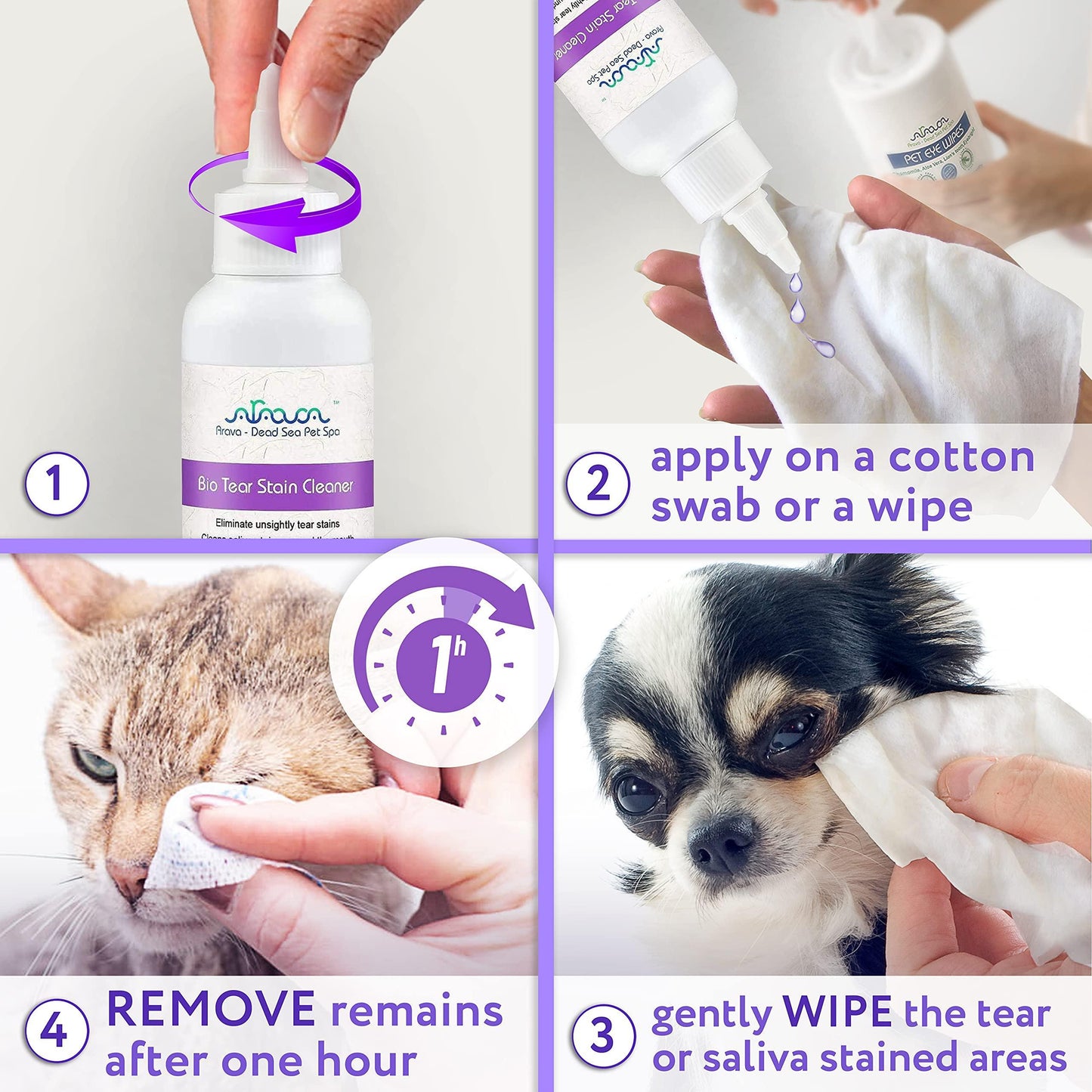 Arava   Tear Stain Remover   Eye Stain Cleaner for Dogs & Cats   Natural Ingredients & 26 Dead Sea Minerals   Safe & Effective for Pets   Removes Tear & Saliva Stains & Prevents New Ones