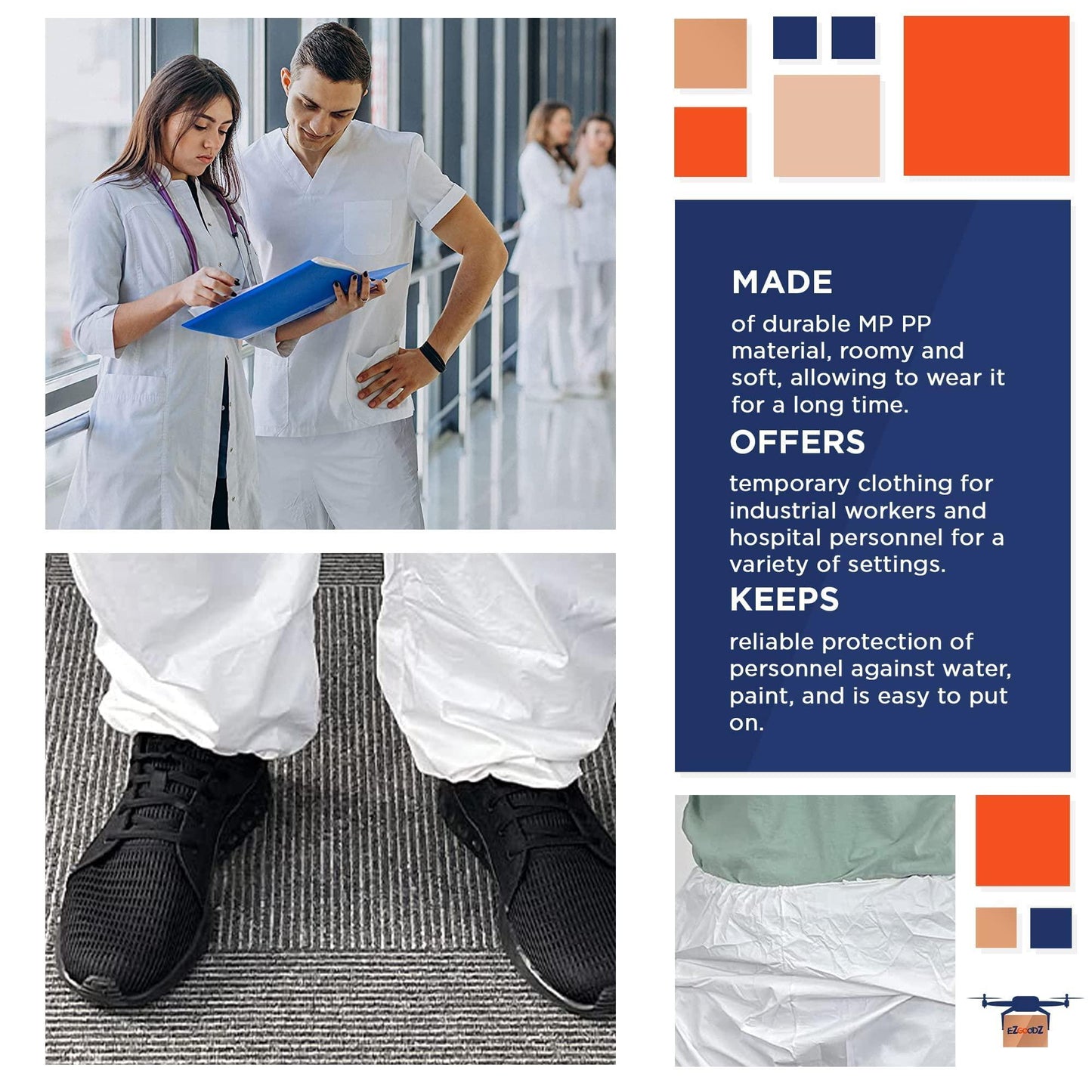 Waterproof Disposable Pants. Pack of 10 Poly White Trousers Medium. Protective Microporous Workwear with Elastic Waist Open Ankles. Leg PPE Clothing. 10 Pairs of Pants for Industrial Use.