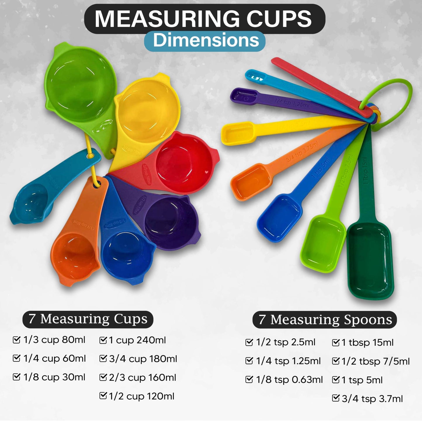 Measuring Cups and Spoons Set 15 Piece   Plastic Measuring Cup Set for Liquid and Dry Measuring   Engraved Metric USA Measurement Cup Set for Baking Cooking   Colorful BPA Free Measuring Cups
