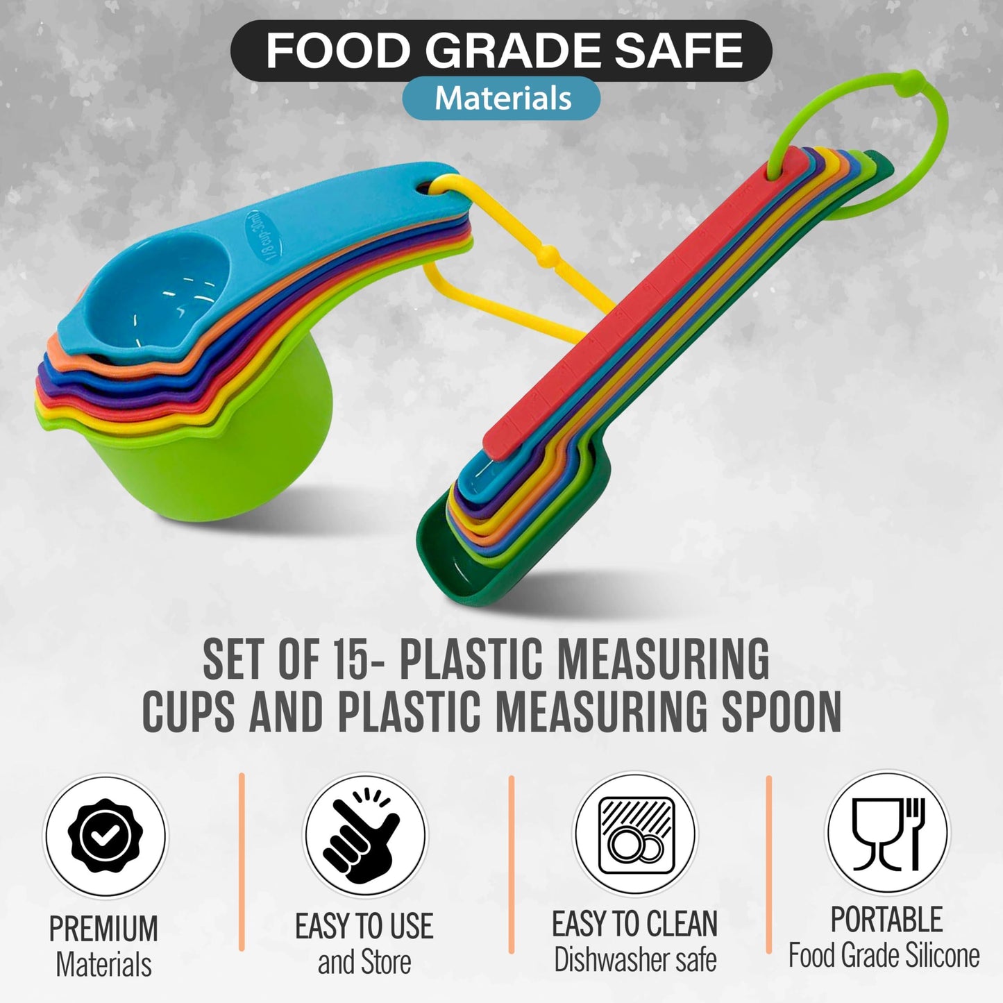 Measuring Cups and Spoons Set 15 Piece   Plastic Measuring Cup Set for Liquid and Dry Measuring   Engraved Metric USA Measurement Cup Set for Baking Cooking   Colorful BPA Free Measuring Cups
