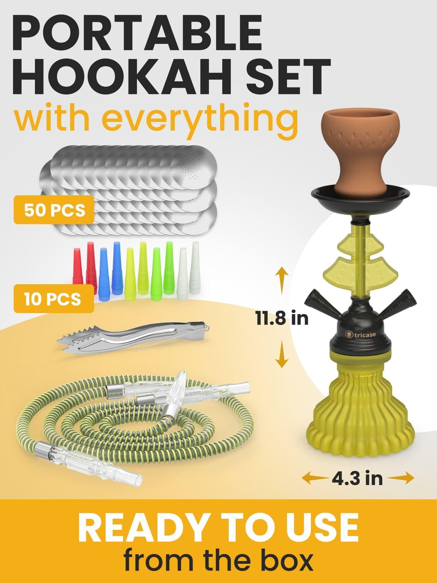 Neon Yellow Hookah Set 2 Hose Hookah – LilOne 12” Neon Yellow Mini Hookah Combo Kit Shisha Hookah Set with Prepunched Foil Hookas Bowl Disposable Tips Mouthpiece Tongs Portable Hookah Pipe   Hookah Machines